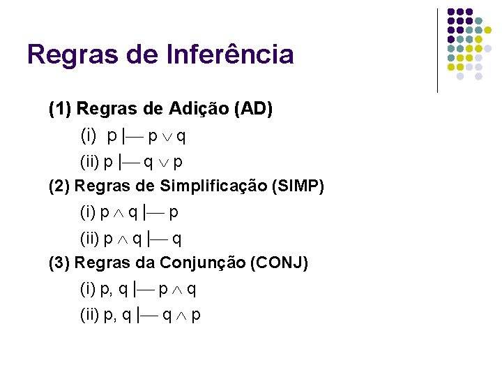 Regras de Inferência (1) Regras de Adição (AD) (i) p | p q (ii)