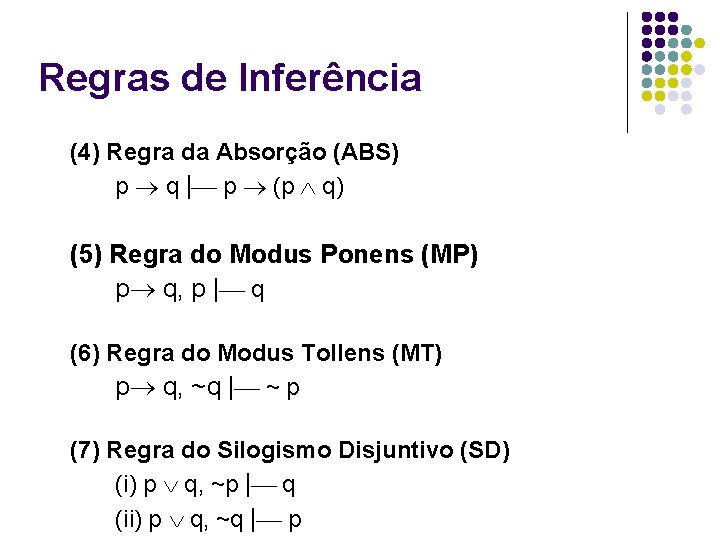 Regras de Inferência (4) Regra da Absorção (ABS) p q | p (p q)