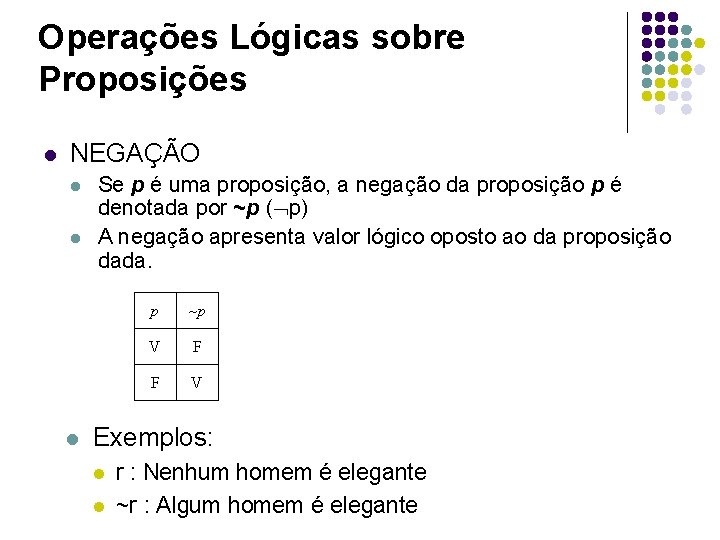Operações Lógicas sobre Proposições l NEGAÇÃO l l l Se p é uma proposição,