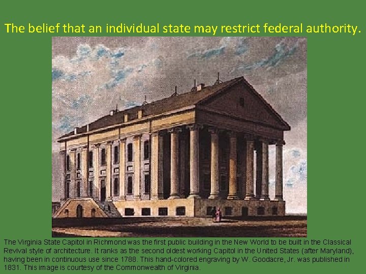 The belief that an individual state may restrict federal authority. The Virginia State Capitol