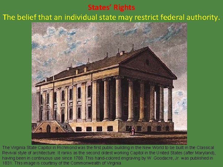 States’ Rights The belief that an individual state may restrict federal authority. The Virginia