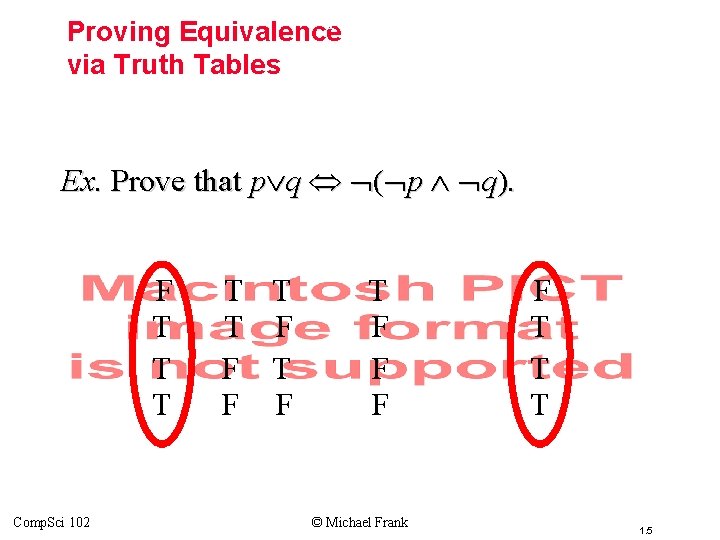 Topic #1. 1 – Propositional Logic: Equivalences Proving Equivalence via Truth Tables Ex. Prove