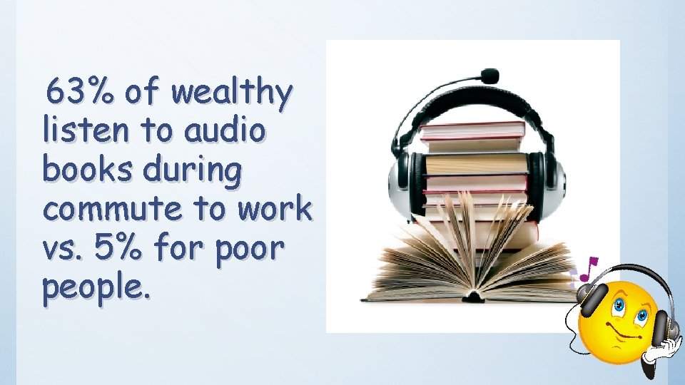 63% of wealthy listen to audio books during commute to work vs. 5% for