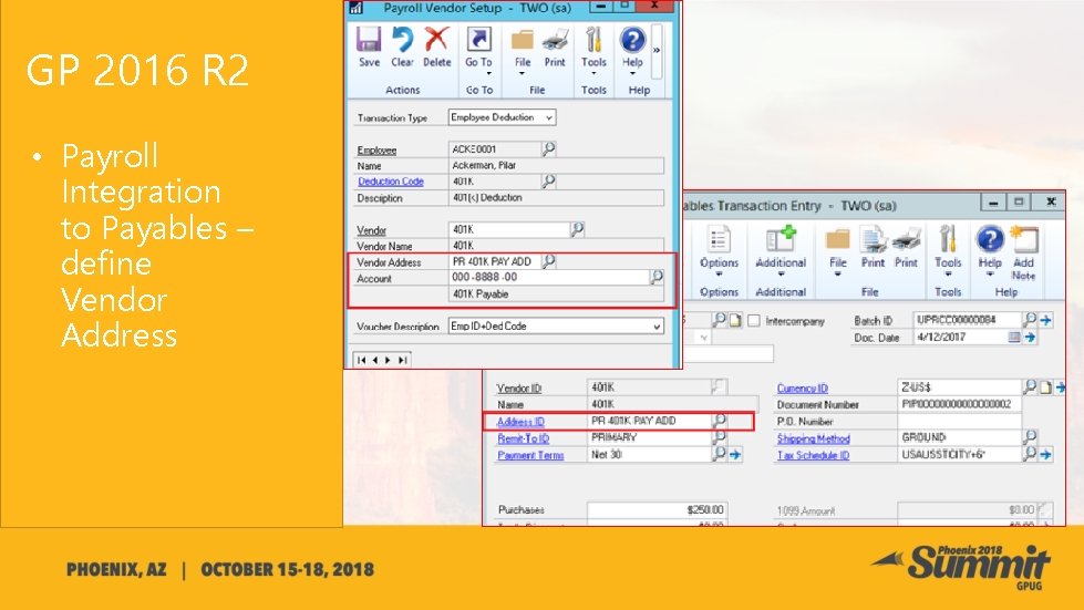 GP 2016 R 2 • Payroll Integration to Payables – define Vendor Address 