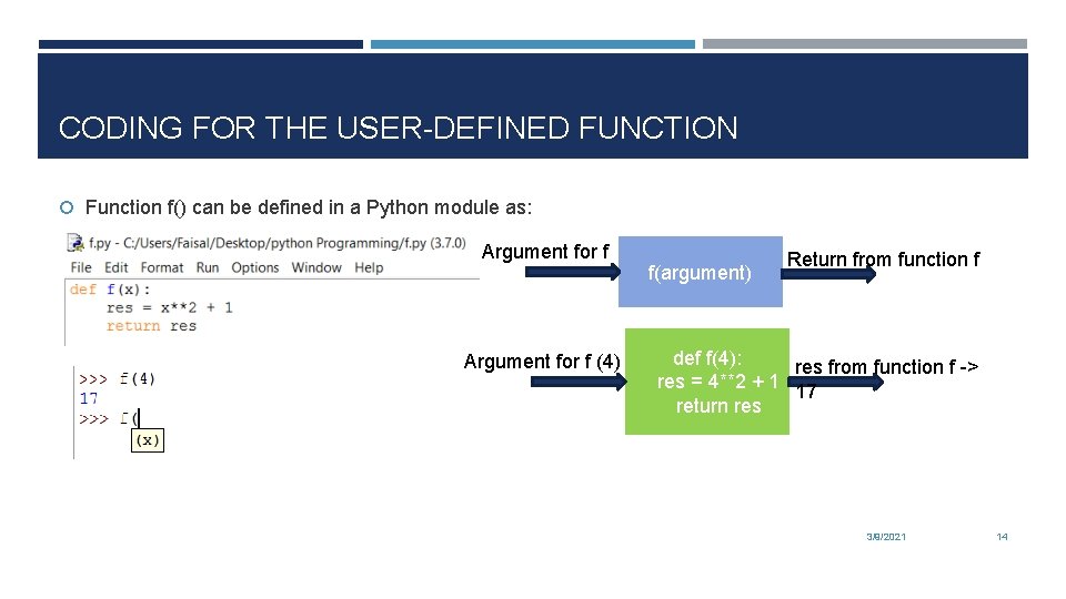 CODING FOR THE USER-DEFINED FUNCTION Function f() can be defined in a Python module