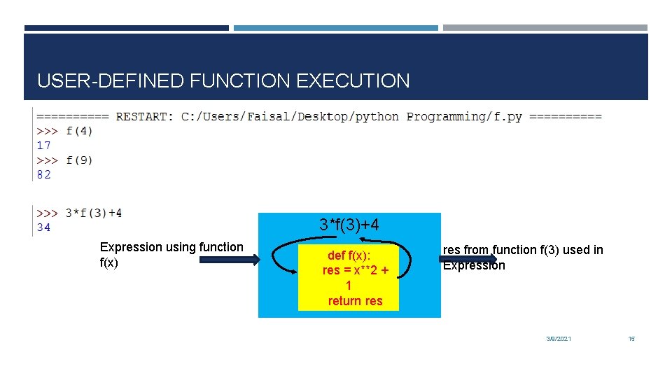 USER-DEFINED FUNCTION EXECUTION 3*f(3)+4 Expression using function f(x) def f(x): res = x**2 +