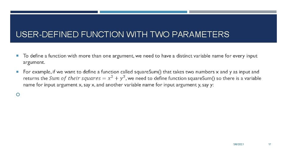 USER-DEFINED FUNCTION WITH TWO PARAMETERS 3/9/2021 17 