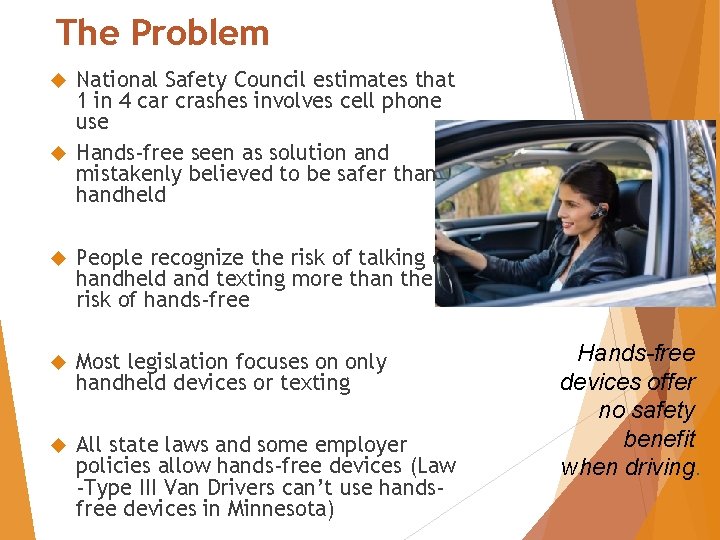 The Problem National Safety Council estimates that 1 in 4 car crashes involves cell