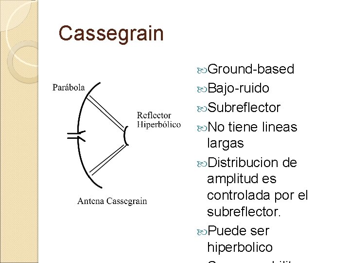 Cassegrain Ground-based Bajo-ruido Subreflector No tiene lineas largas Distribucion de amplitud es controlada por