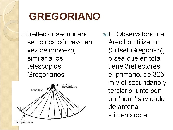 GREGORIANO El reflector secundario se coloca cóncavo en vez de convexo, similar a los