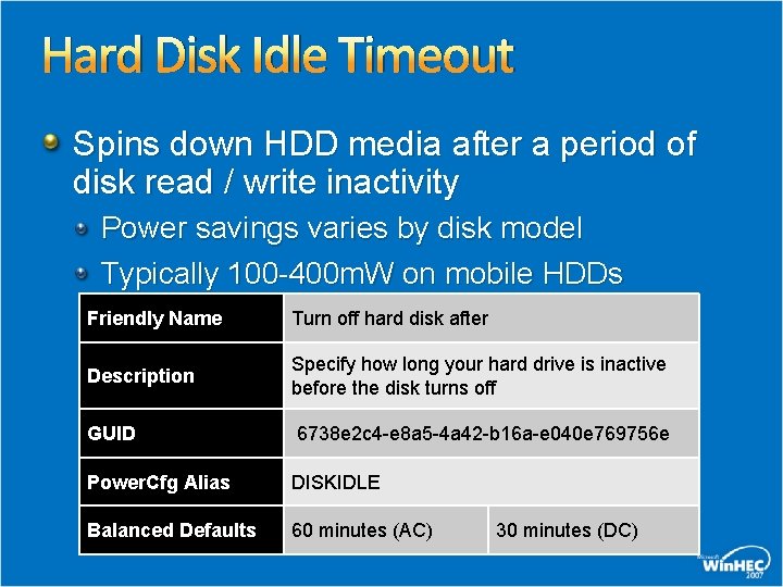 Hard Disk Idle Timeout Spins down HDD media after a period of disk read Hard Disk Idle Timeout Spins down HDD media after a period of disk read