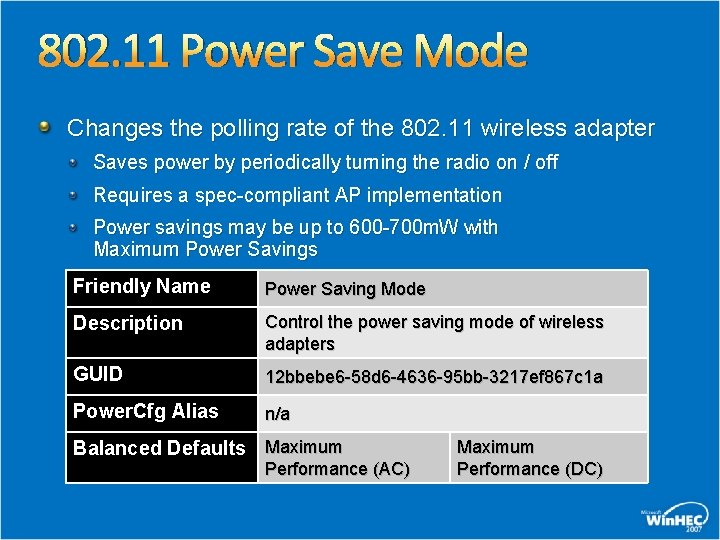 802. 11 Power Save Mode Changes the polling rate of the 802. 11 wireless 802. 11 Power Save Mode Changes the polling rate of the 802. 11 wireless