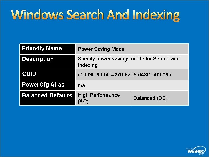 Windows Search And Indexing Friendly Name Power Saving Mode Description Specify power savings mode Windows Search And Indexing Friendly Name Power Saving Mode Description Specify power savings mode