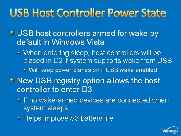 USB Host Controller Power State USB host controllers armed for wake by default in USB Host Controller Power State USB host controllers armed for wake by default in