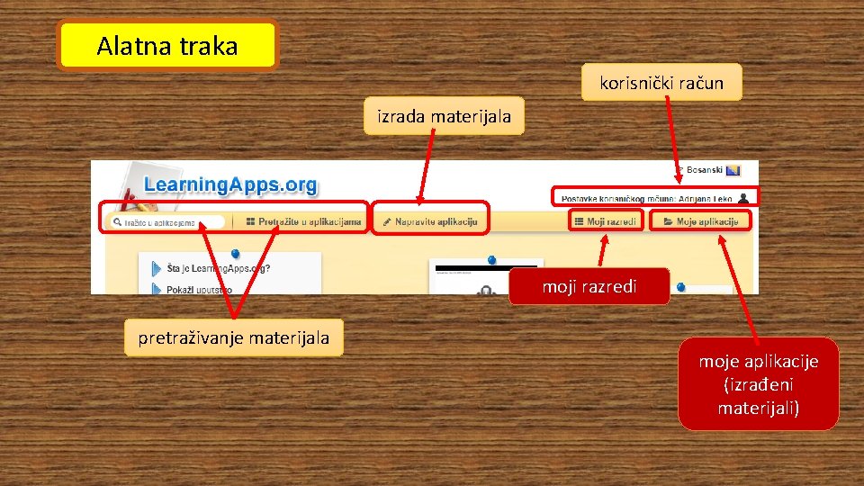 Alatna traka korisnički račun izrada materijala moji razredi pretraživanje materijala moje aplikacije (izrađeni materijali)