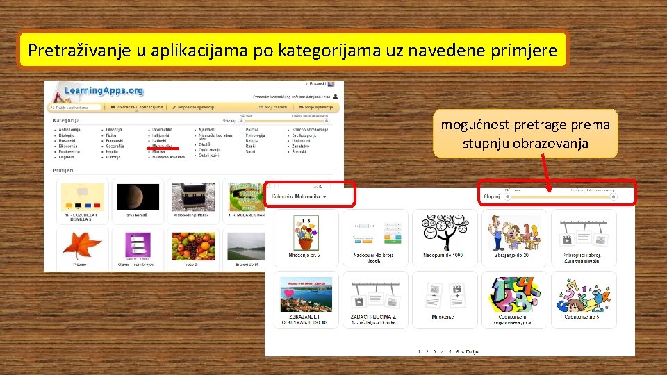 Pretraživanje u aplikacijama po kategorijama uz navedene primjere mogućnost pretrage prema stupnju obrazovanja 