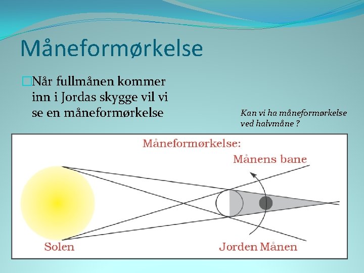 Måneformørkelse �Når fullmånen kommer inn i Jordas skygge vil vi se en måneformørkelse Kan