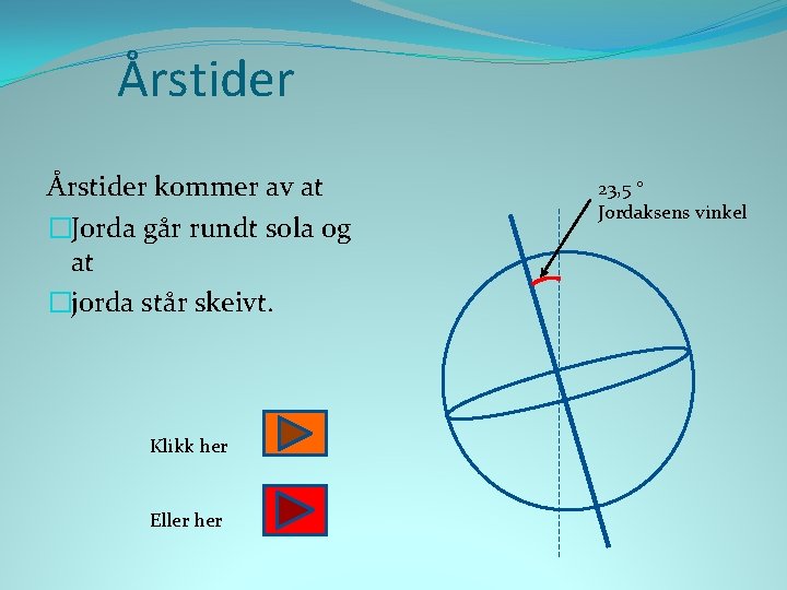 Årstider kommer av at �Jorda går rundt sola og at �jorda står skeivt. Klikk