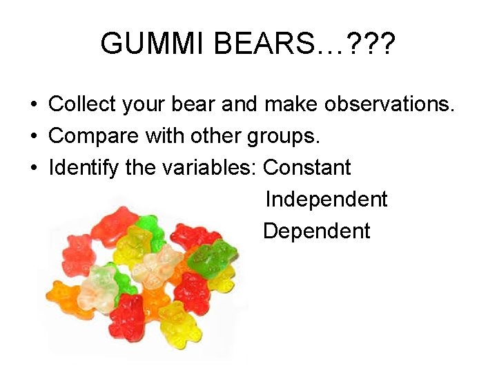 GUMMI BEARS…? ? ? • Collect your bear and make observations. • Compare with