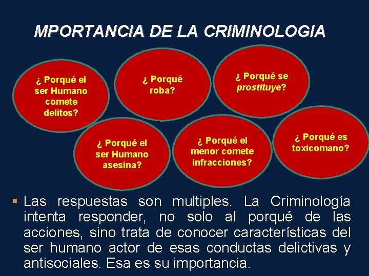 MPORTANCIA DE LA CRIMINOLOGIA ¿ Porqué el ser Humano comete delitos? ¿ Porqué roba?