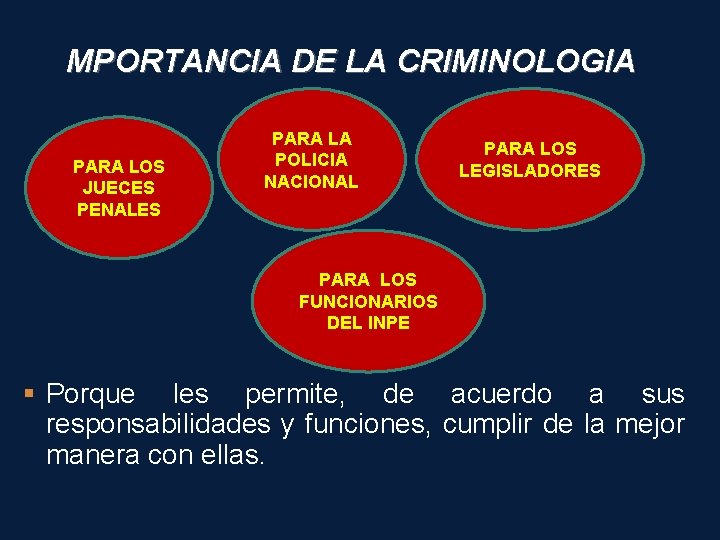 MPORTANCIA DE LA CRIMINOLOGIA PARA LOS JUECES PENALES PARA LA POLICIA NACIONAL PARA LOS