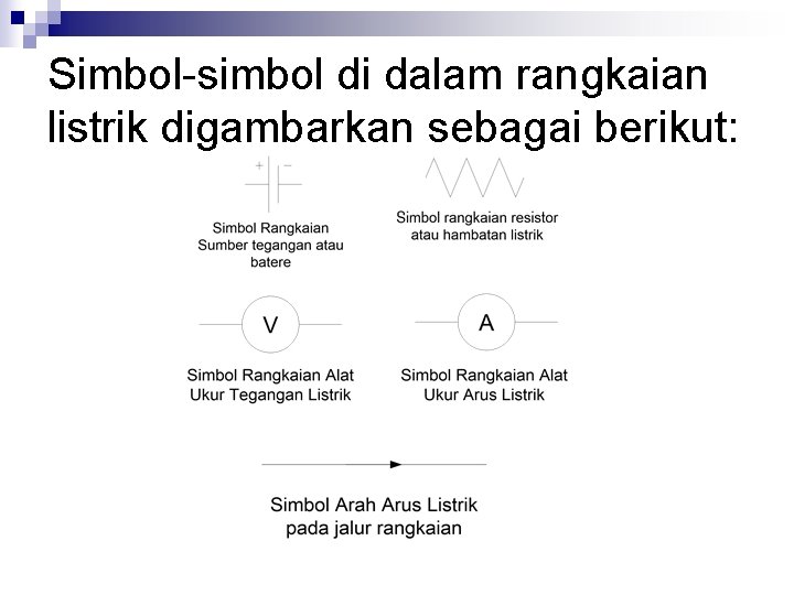 Simbol-simbol di dalam rangkaian listrik digambarkan sebagai berikut: 