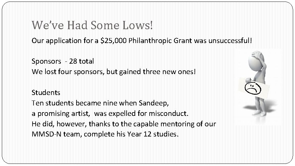 We’ve Had Some Lows! Our application for a $25, 000 Philanthropic Grant was unsuccessful! We’ve Had Some Lows! Our application for a $25, 000 Philanthropic Grant was unsuccessful!