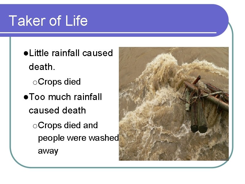 Taker of Life ●Little rainfall caused death. o Crops died ●Too much rainfall caused