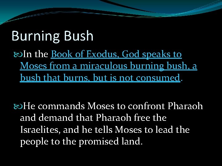 Burning Bush In the Book of Exodus, God speaks to Moses from a miraculous Burning Bush In the Book of Exodus, God speaks to Moses from a miraculous