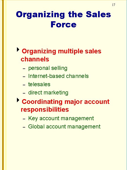 17 Organizing the Sales Force Organizing multiple sales channels – – personal selling Internet-based
