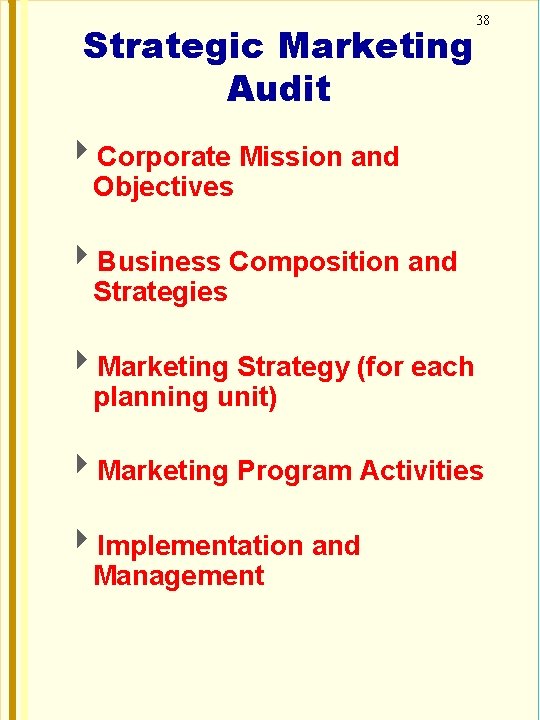 Strategic Marketing Audit 38 Corporate Mission and Objectives Business Composition and Strategies Marketing Strategy