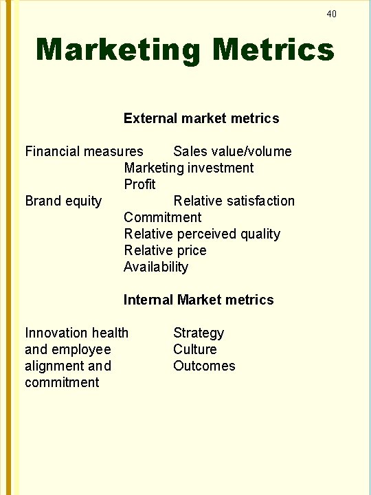 40 Marketing Metrics External market metrics Financial measures Sales value/volume Marketing investment Profit Brand