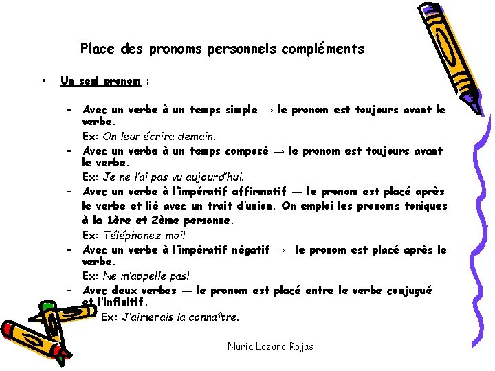 Place des pronoms personnels compléments • Un seul pronom : – Avec un verbe