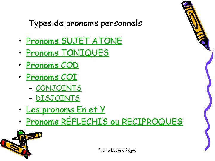 Types de pronoms personnels • • Pronoms SUJET ATONE Pronoms TONIQUES Pronoms COD Pronoms