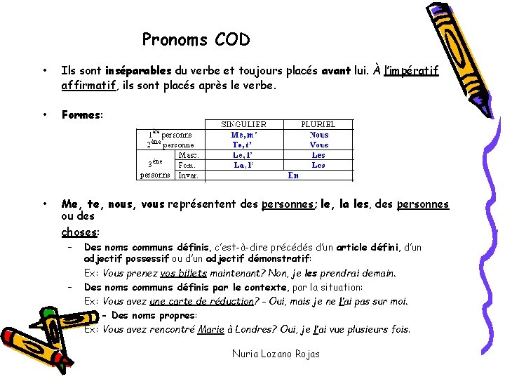 Pronoms COD • Ils sont inséparables du verbe et toujours placés avant lui. À