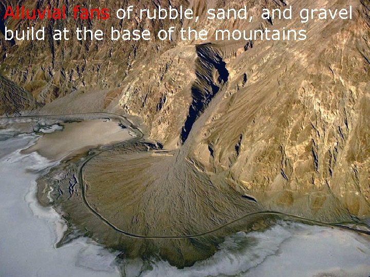Alluvial fans of rubble, sand, and gravel build at the base of the mountains