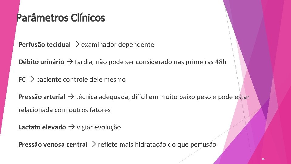 Parâmetros Clínicos Perfusão tecidual examinador dependente Débito urinário tardia, não pode ser considerado nas