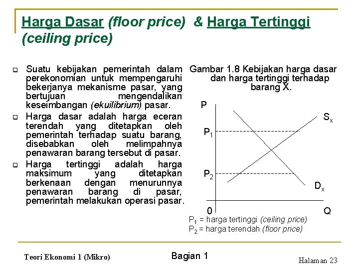 Harga Dasar (floor price) & Harga Tertinggi (ceiling price) q q q Suatu kebijakan