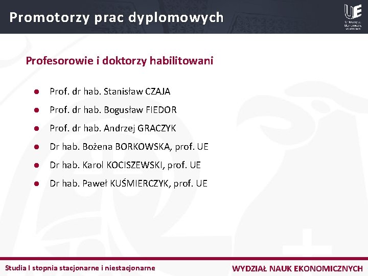 Promotorzy prac dyplomowych Profesorowie i doktorzy habilitowani l Prof. dr hab. Stanisław CZAJA l