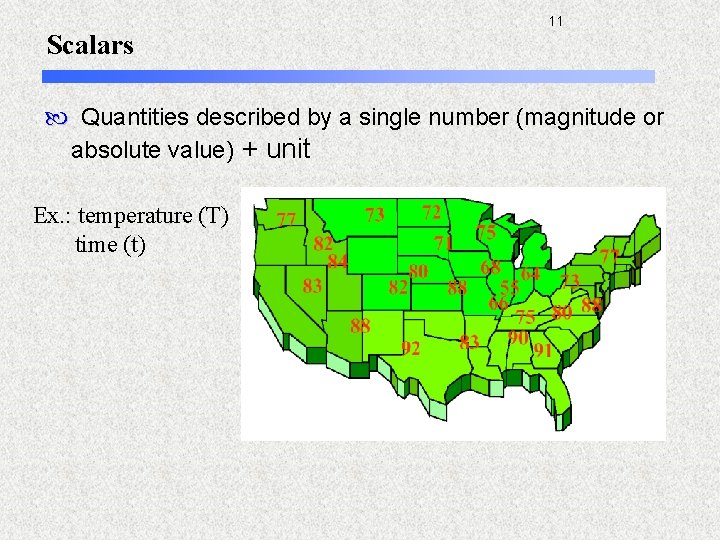 11 Scalars Quantities described by a single number (magnitude or absolute value) + unit