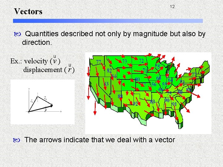 Vectors 12 Quantities described not only by magnitude but also by direction. Ex. :