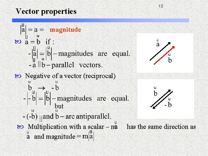 Vector properties 13 magnitude Negative of a vector (reciprocal) but Multiplication with a scalar