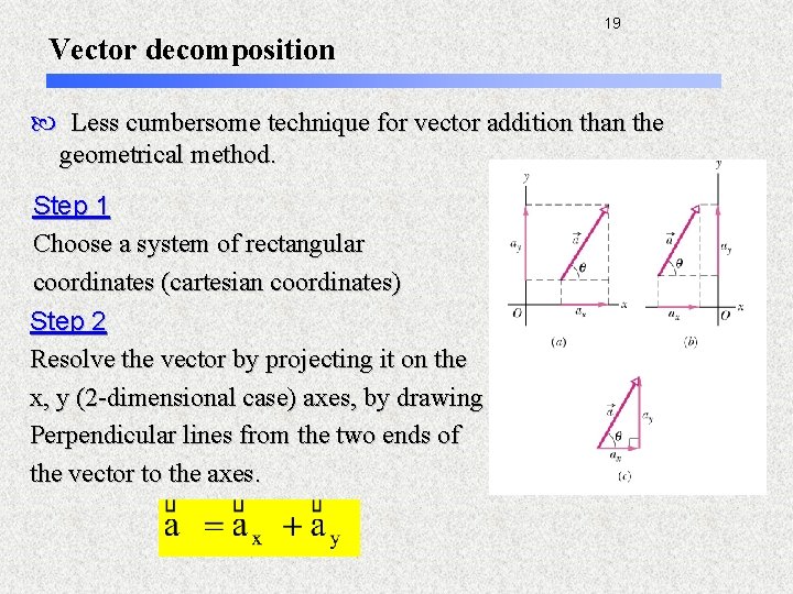 19 Vector decomposition Less cumbersome technique for vector addition than the geometrical method. Step