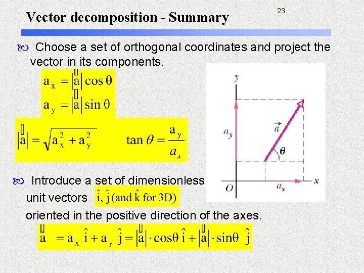 Vector decomposition - Summary 23 Choose a set of orthogonal coordinates and project the