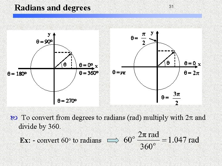 Radians and degrees 31 y q = 90 o q= q q = 180
