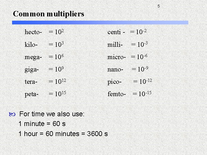 5 Common multipliers hecto- = 102 centi - = 10 -2 kilo- = 103