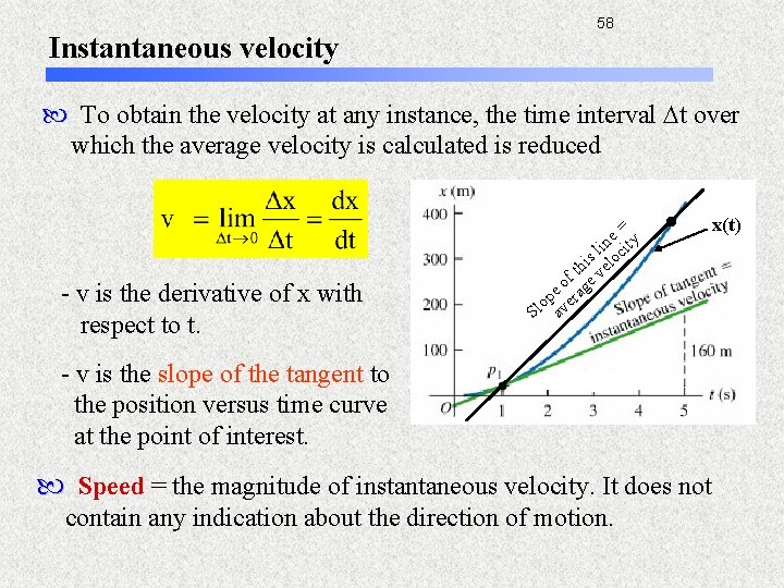 Instantaneous velocity 58 To obtain the velocity at any instance, the time interval Dt