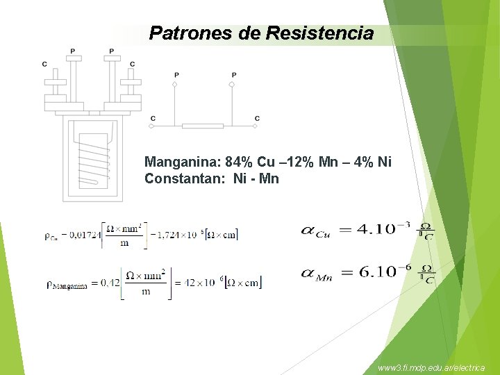 Patrones de Resistencia Manganina: 84% Cu – 12% Mn – 4% Ni Constantan: Ni