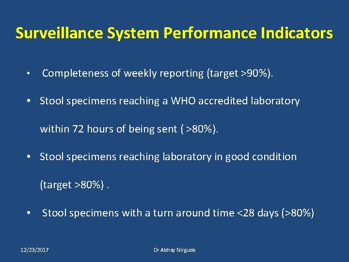 Surveillance System Performance Indicators • Completeness of weekly reporting (target >90%). • Stool specimens