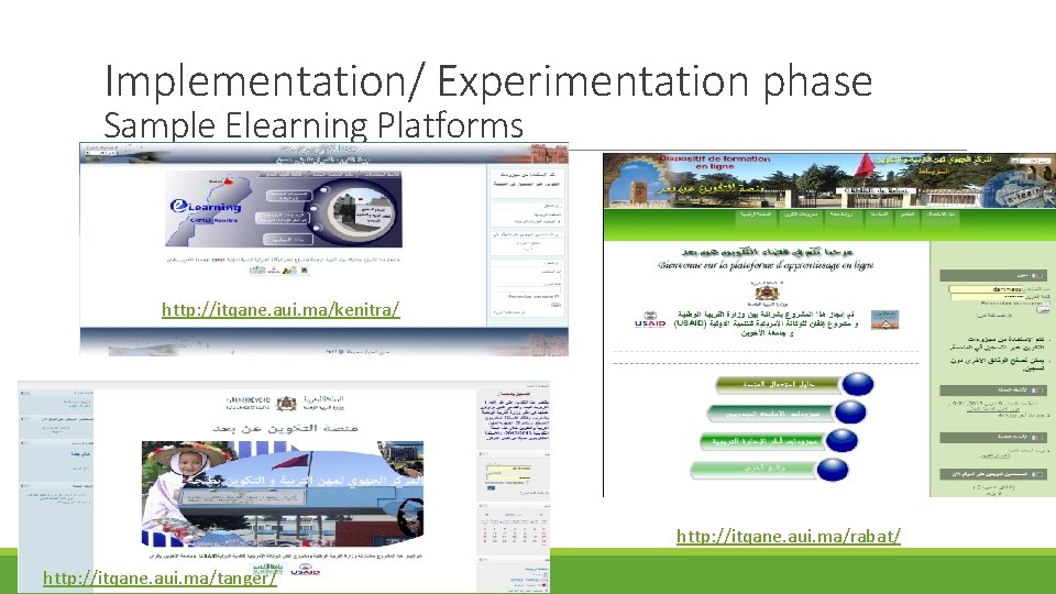 Implementation/ Experimentation phase Sample Elearning Platforms http: //itqane. aui. ma/kenitra/ http: //itqane. aui. ma/rabat/